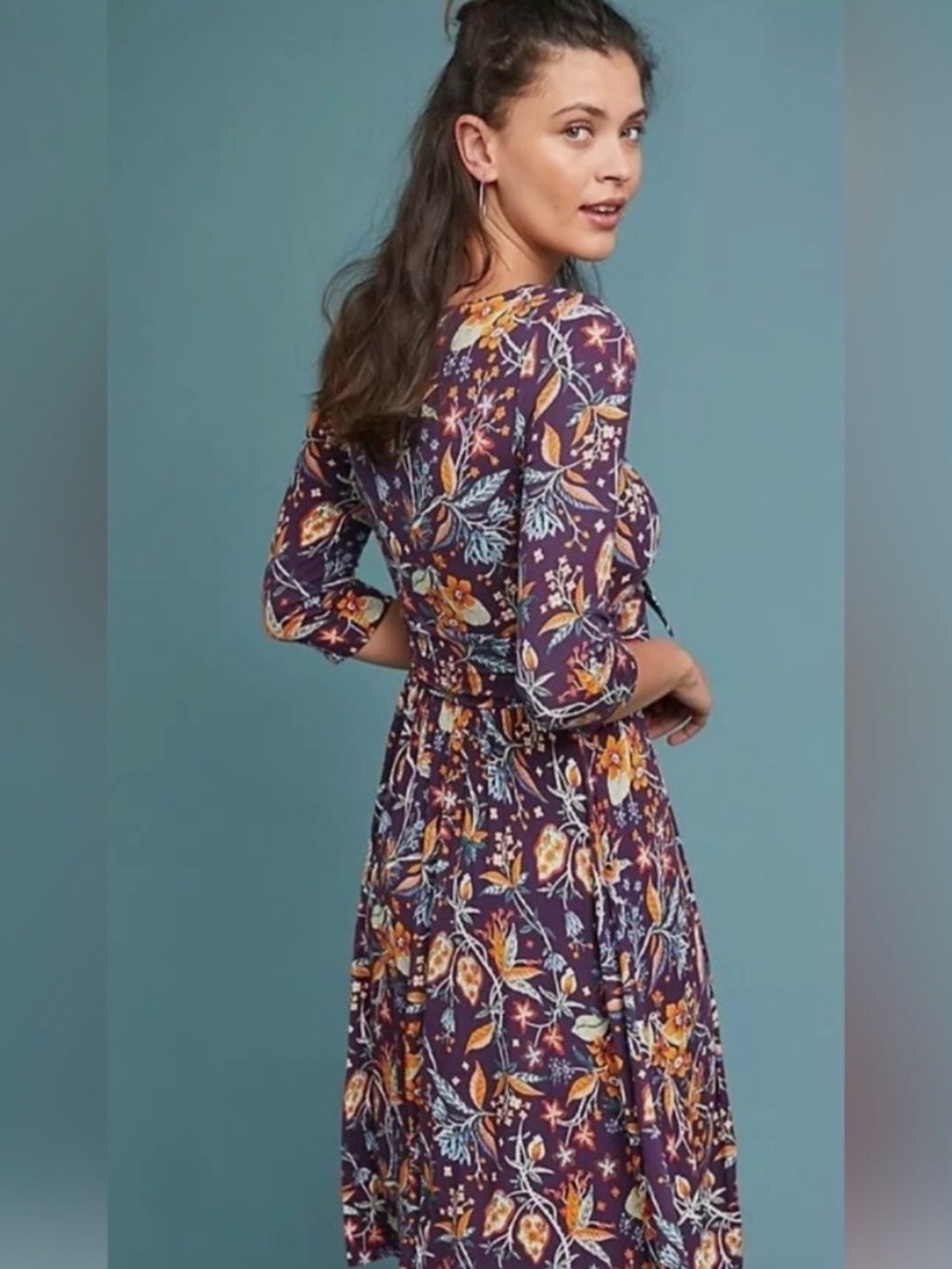 Maeve Anthropologie Purple Floral Midi Dress with Yellow & Blue Accents
